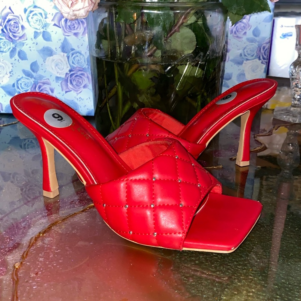 Red patent leather studded sliver kitten toe mule heels date night clubbing